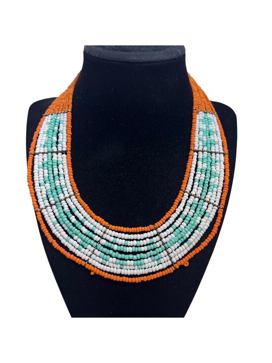 Unknown Jewelry - Orange, White and Blue Beaded Tribal Inspired Collar Necklace (6403)